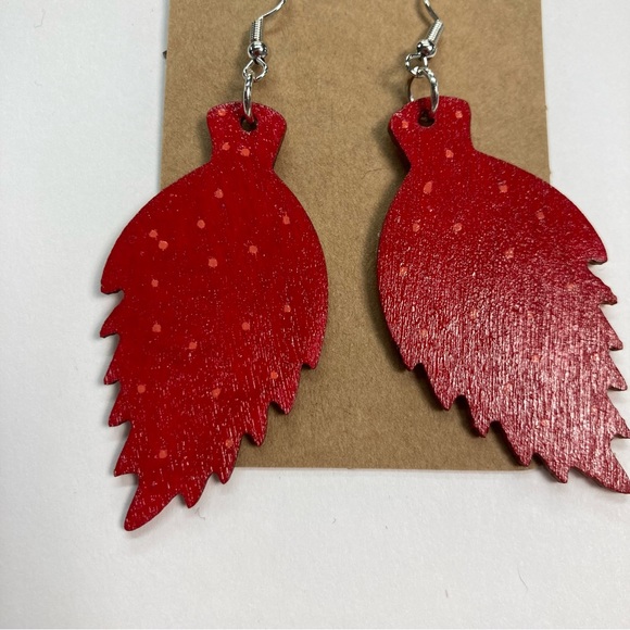 Hand Made Fall Orange Wooden Leaf Earrings Painted Wooden Autumn One of a Kind - Picture 8 of 10